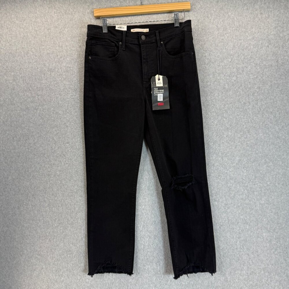 Levi's Womens 724 High-Rise Straight Black Denim Jeans Distressed Size 30 NWT